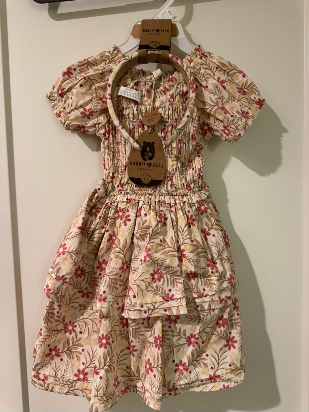 Burt's Bees Baby Cream Floral Smocked Dress with Pink Flowers